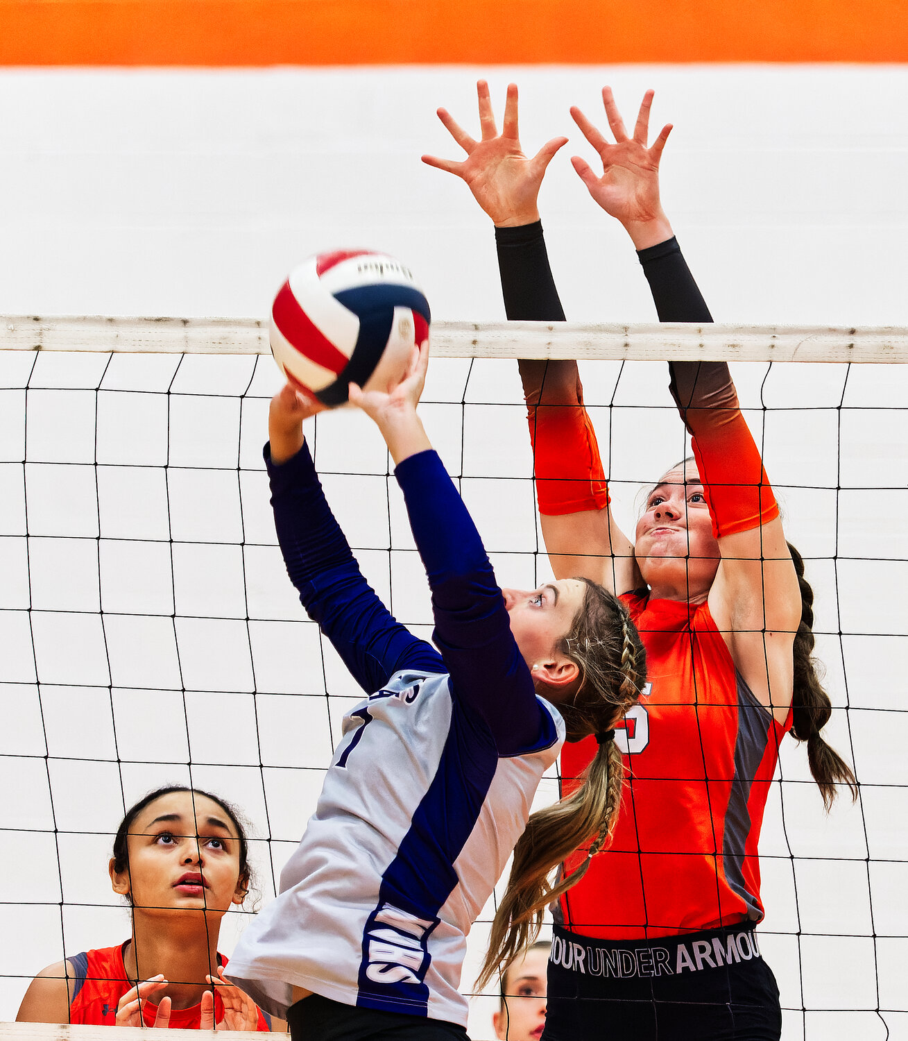 Jadelyn Marshall defends the potential quick tip from the Mt. Vernon setter. [view more volleyball]